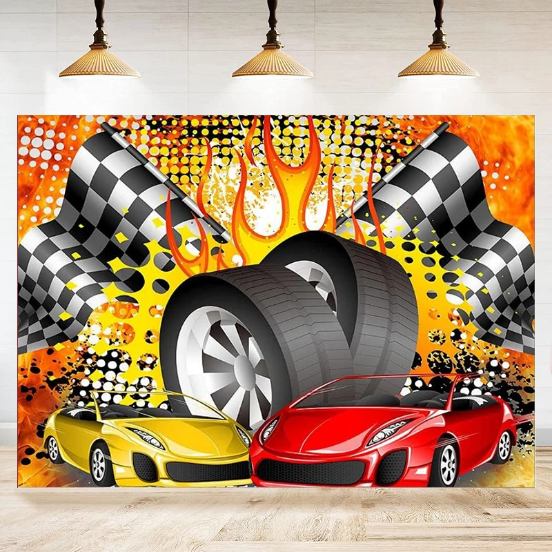 

Racing Car Black White Grid Photography Backdrop Happy Birthday Theme Backdrop Birthday Decorations Background Colorful Banner