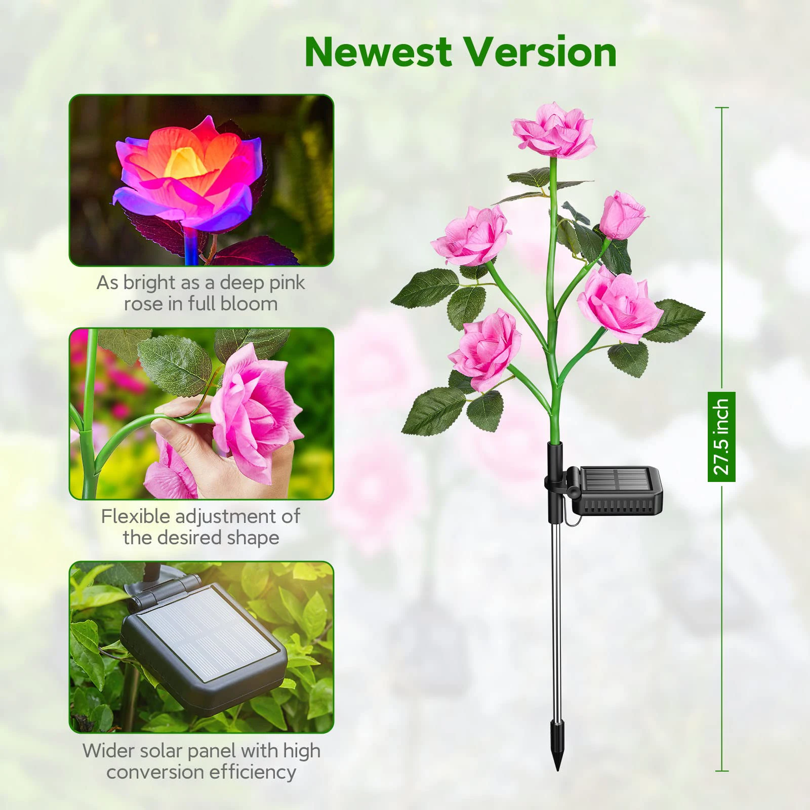 Solar Garden Lights Outdoor Waterproof Decorative Solar Flower Light with 5 Roses 7 Color Changing for Patio Pathway Decoration