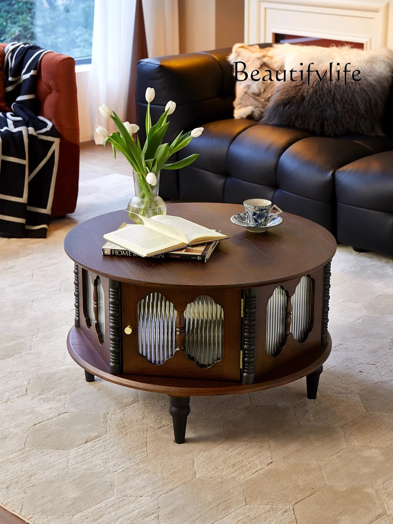 

French Retro Solid Wood Coffee Table Living Room Home Simple Small Apartment round Glass Tea Table