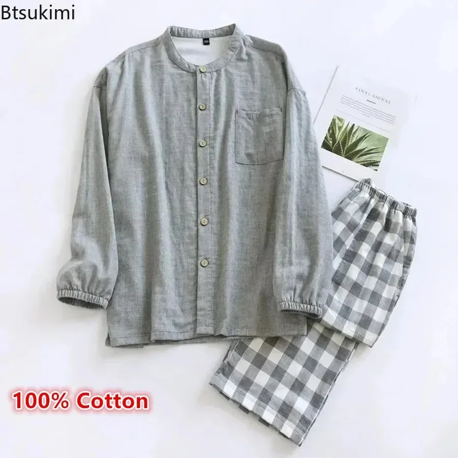 

2026 мужские хлопковые пижамные комплекты в японском стиле, клетчатые брюки с длинными рукавами, комплекты одежды для сна, мужская двухслойная хлопковая домашняя одежда для отдыха