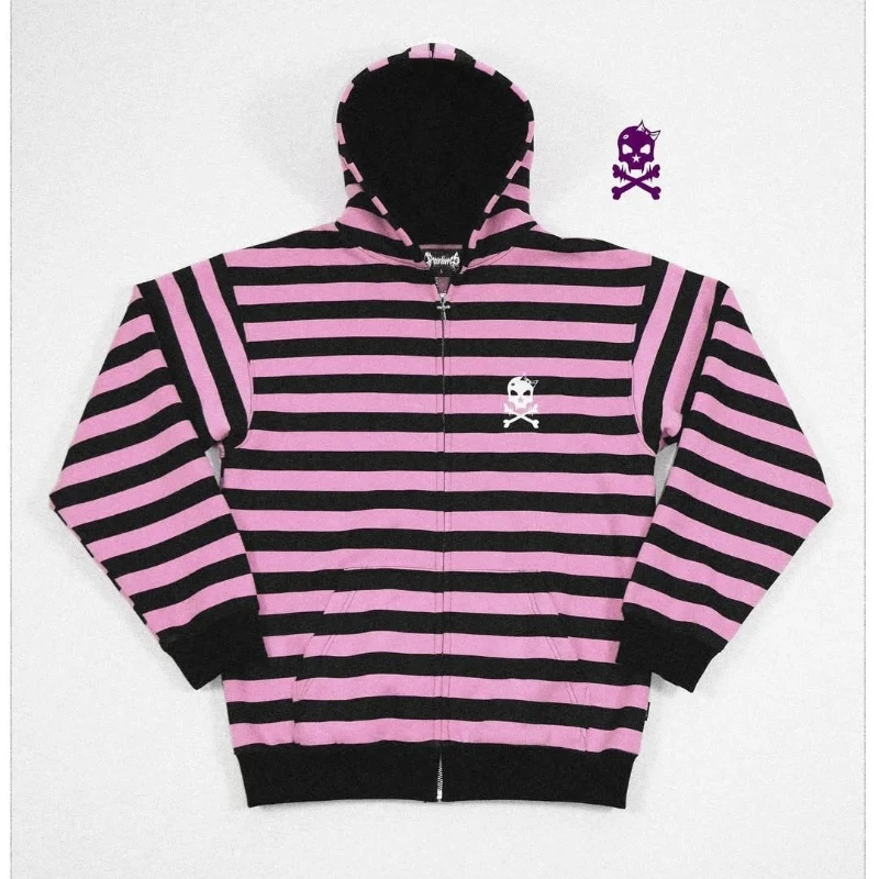 Rosa und Schwarz Gestreifte Kapuzenjacke mit Reißverschluss, Frühlings- und Sommer-Kapuzencardigan, Lockerer Reißverschluss, Lässiger Hip-Hop-Stil für Paare