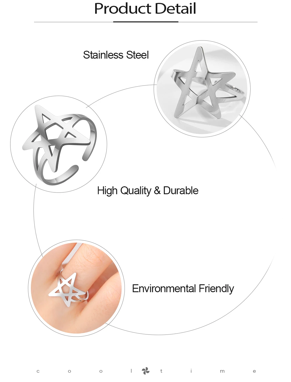 COOLTIME Hohle Pentagramm Verstellbare Ringe für Frauen Edelstahl Trend Stern Mond Ringe Schmuck Geschenk – Detail 5