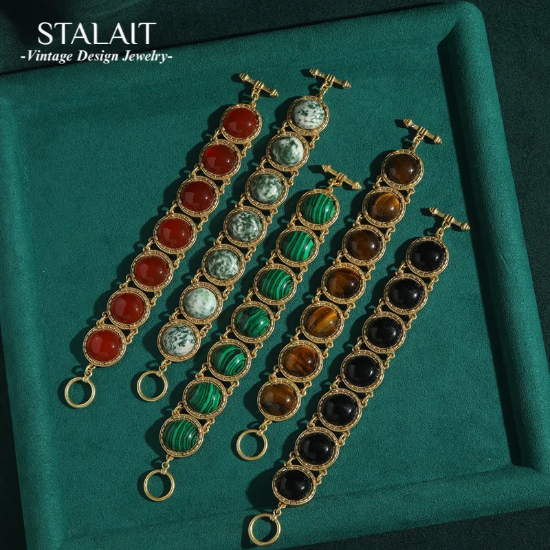 

5 Colors Vintage Round Charm Bracelets Made Of Natural Stone Gold Color Bangles Antique Jewelry Women'S Accessories 2025 New