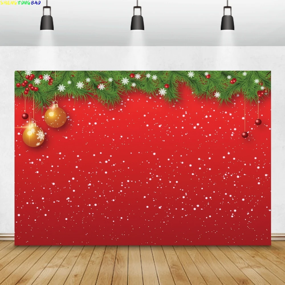 

Christmas Pine Leaves Red Wall Backdrop For Photography Winter Snowflake Golden Balls Toys Newborn Portrait Photo Background