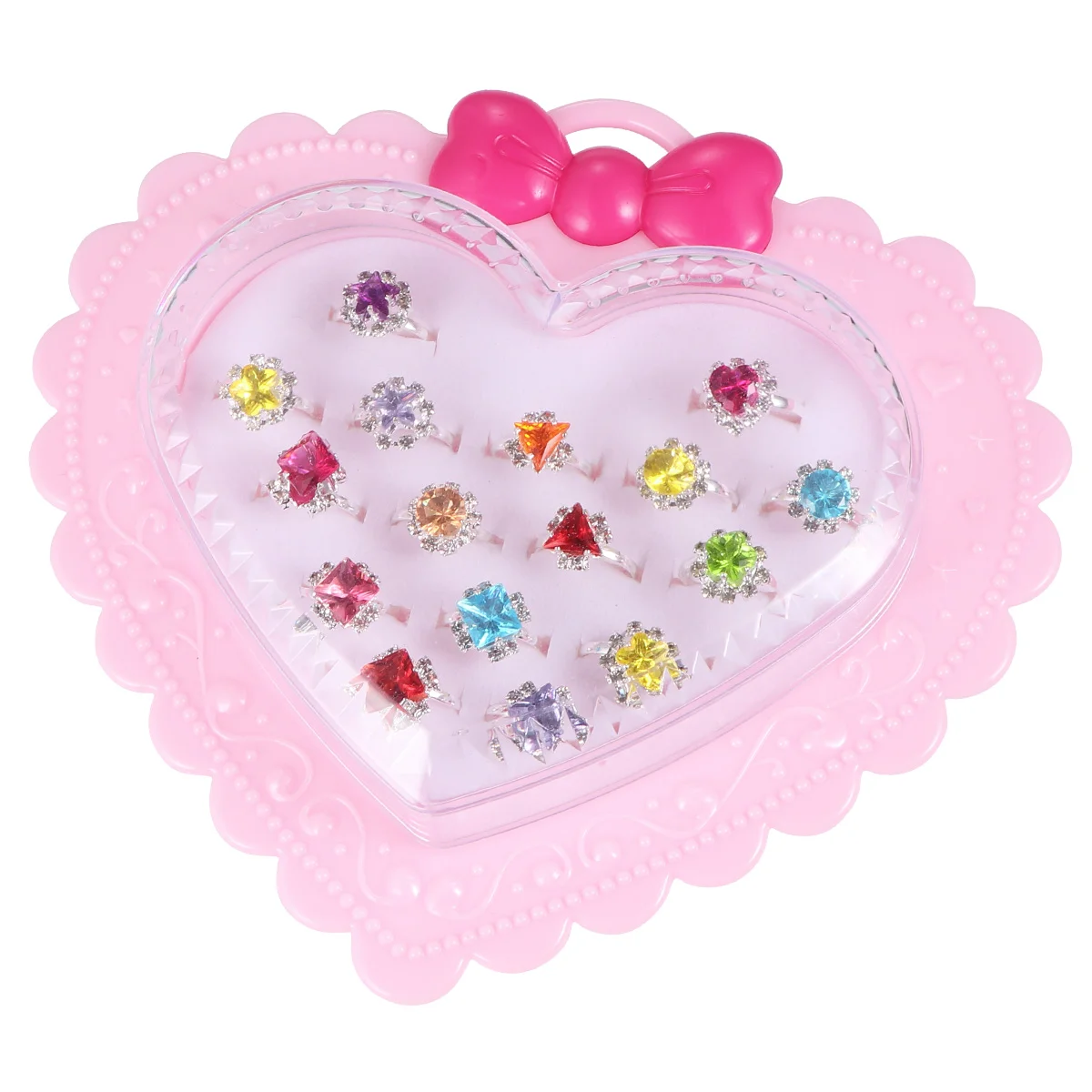 16pcs Rhinestone Rings Heart Shaped Boxed Children Creative Ring Fashion Finger Ring for Children Girls