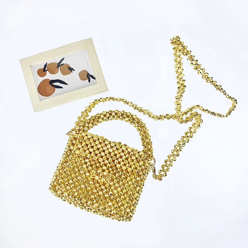 New Gold Acrylic Beaded Crystal Bags Metal Texture Handheld One Shoulder Crossbody Chain Customized Women\'s Small Square Bag