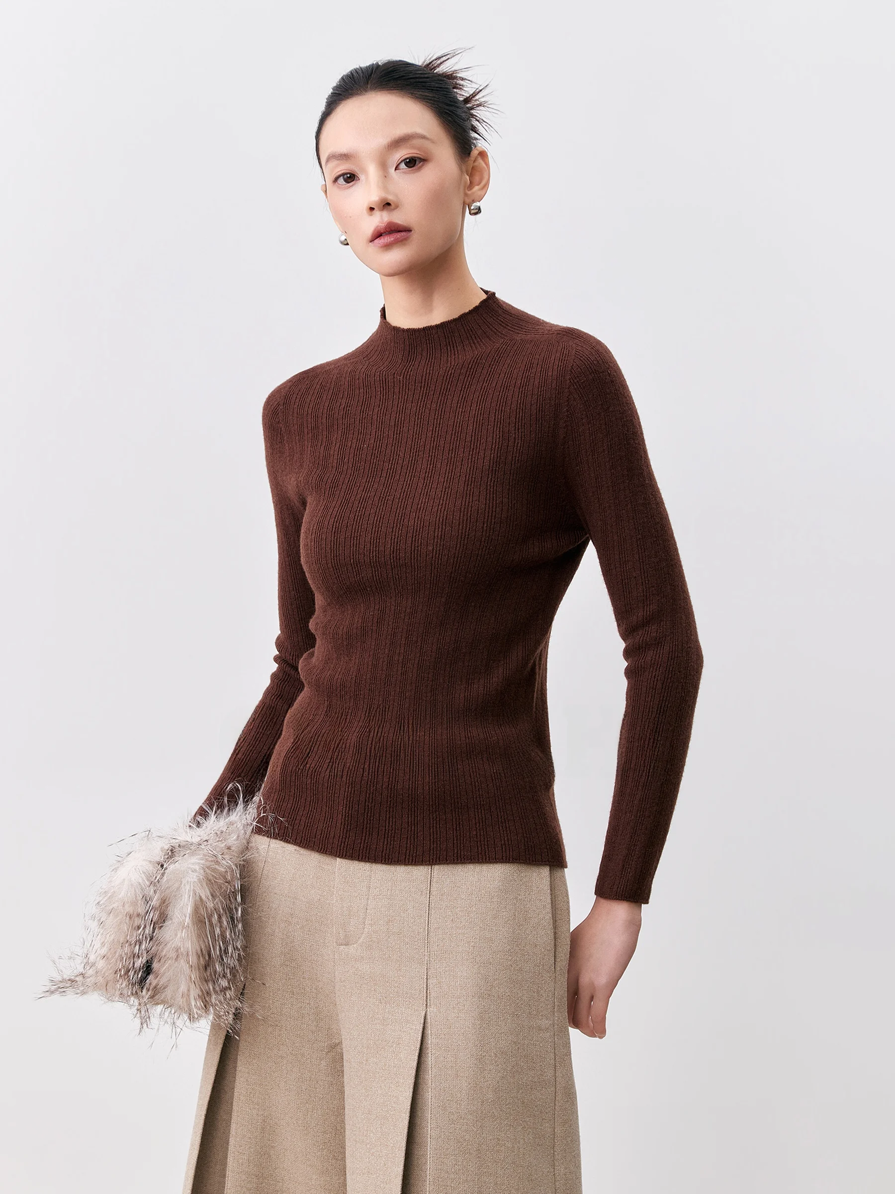 

Ele Zhi2026 Новая женская повседневная трикотажная кофта с высоким воротником, облегающая, в полоску, из чистой мягкой шерсти, стандартный крой