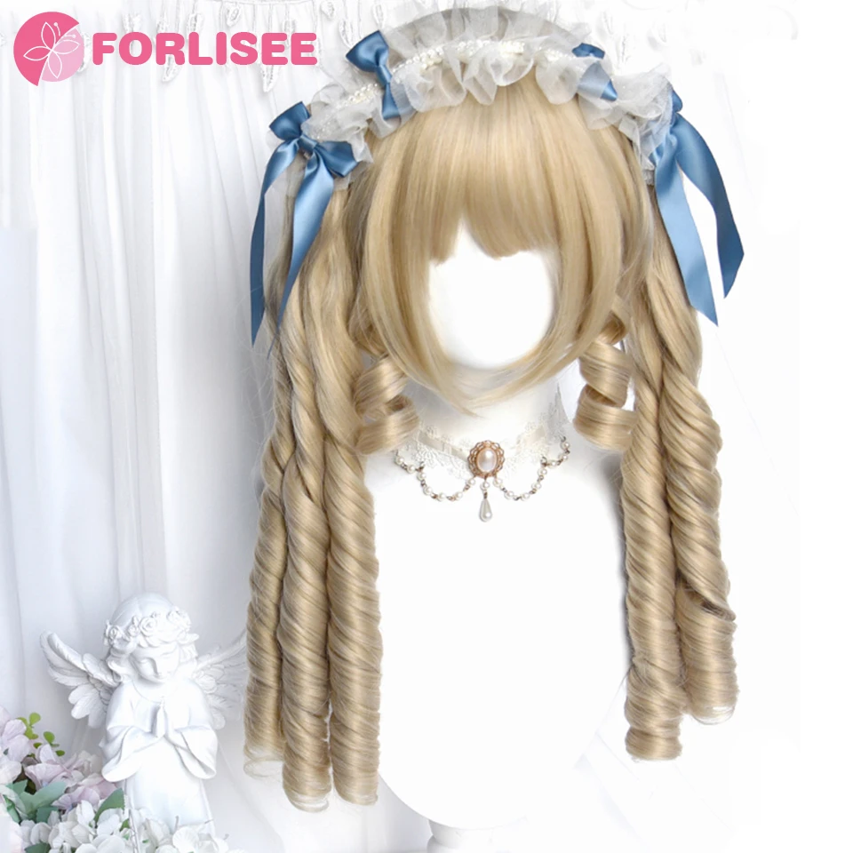 FORLISEE Synthetic Beige Gold Elegant Retro Roman Roll Double Ponytail Heat-resistant Fiber Women\'s Lolita Tiger Mouth Clip Wig