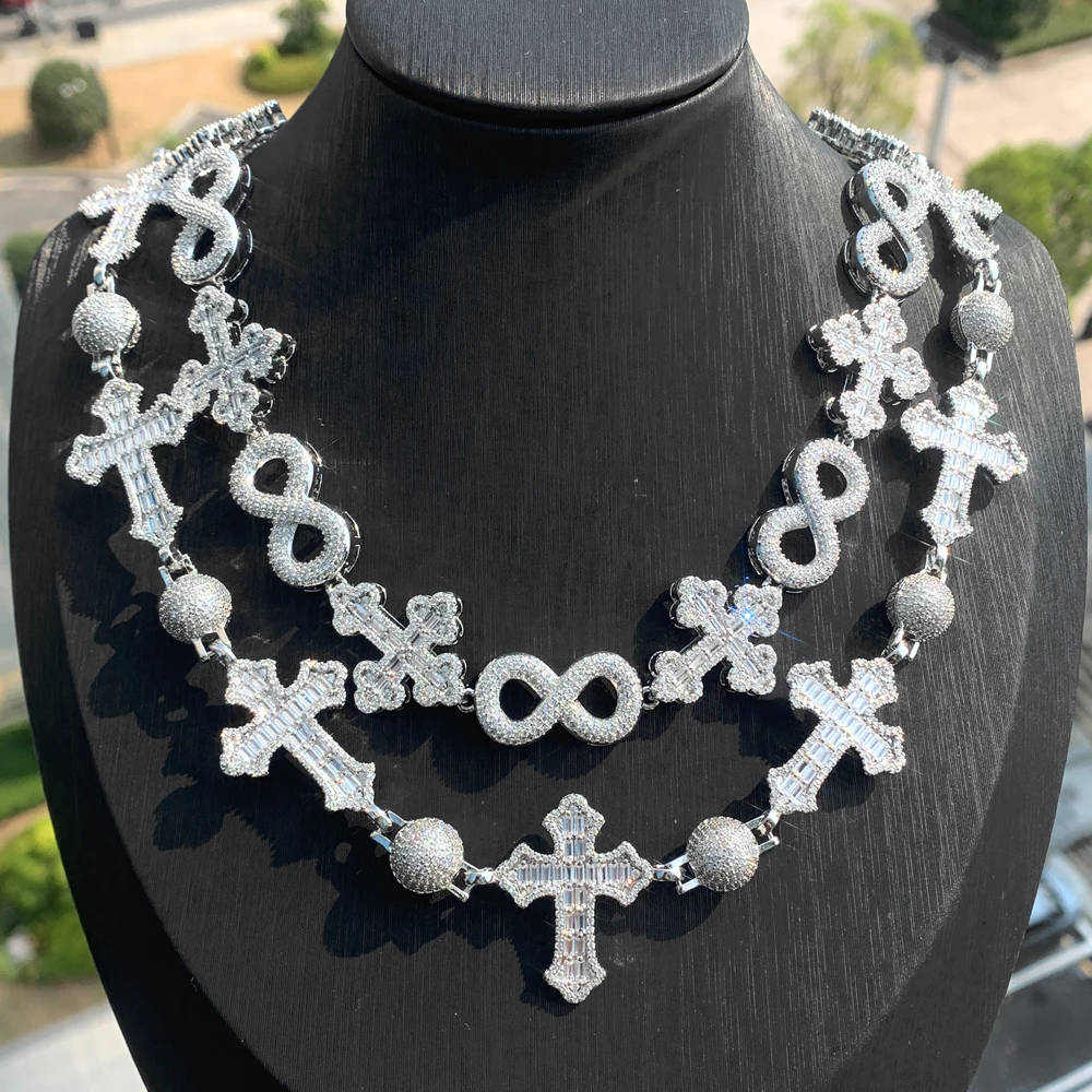 New Iced Out Ball Infinity Cross Necklace for Men Women Bling Cubic Zirconia Cuban Chain Cross Ring Bracelet Hip Hop Jewelry Set