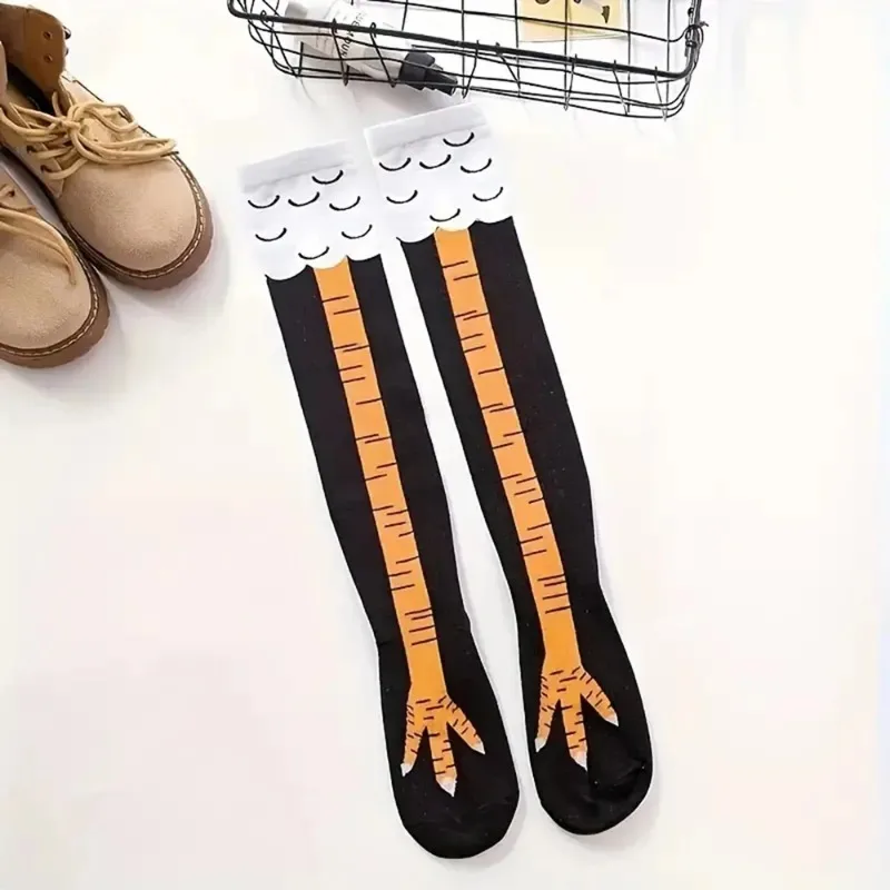 1 par de calcetines hasta la rodilla para mujer, calcetines cómodos y transpirables con dibujos divertidos de Halloween, sudoración de piernas de pollo loco