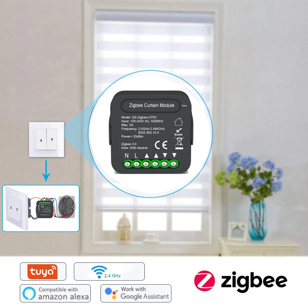 QS-Zigbee-CP03 Tuya ZigBee Curtain Switch Module for Roller Shutter Blinds Motor Smart Home Google Home for Alexa Voice Control