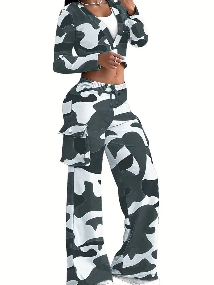 Camo Print Cargo Pants Sets Sexy Crop Tops & Elastic High Waist Wide Leg Trousers Women's Two Pieces Set Casual SweatOutfits