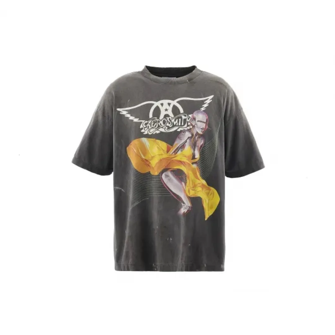 Oversized Distressed Vintage Saint Tee Wing Star Graphic Print Unisex Retro Washed Casual Streetwear Cotton T Shirt Summer