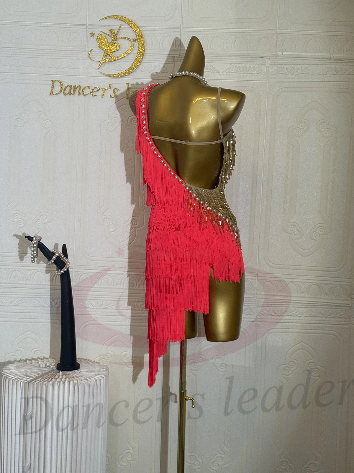 Latin dansers, volwassenen, kinderen, hoogwaardige op maat gemaakte holle splitsing parel kwastje tango samba ab steen prestatie jurk