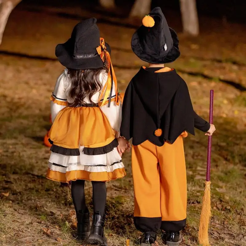 Halloween Girls Lolita Princess Dress Bow Decoration Party Dress Ruffled Tutu Skirt Layered Dress Witch Hat Pumpkin Skirt
