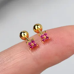 1PC 20G Crystal Flower Small Stud Earrings for Girl Sweet Cute Red Zircon Piercing Cartilage Ear Ring Women's Aesthetic Jewelry