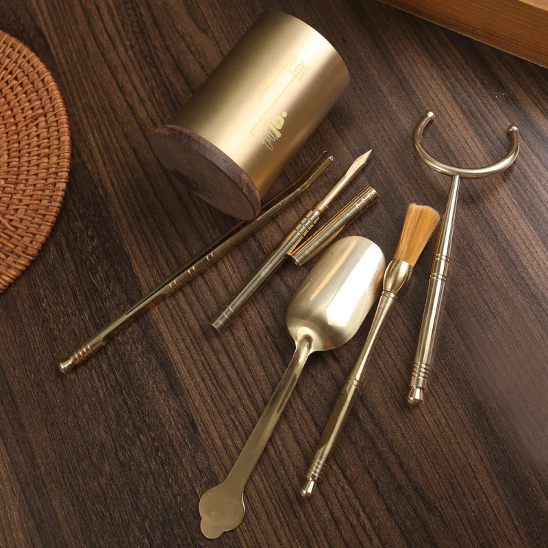 Pure Copper Tea Ceremony Six Items Set Tea Set Tea Clamp Tools Tea Making Office Kombucha Pure Copper Tea Knife Tea Brush