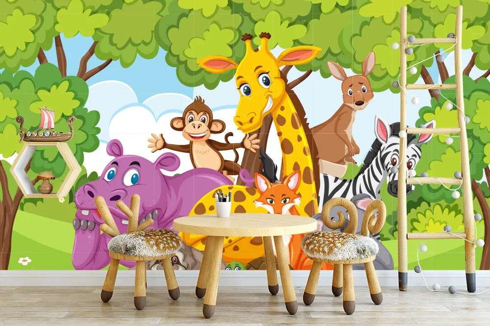 Cute Cartoon Zoo Painting Self Adhesive Wallpaper Peel and Stick Children's Room Wallpaper Funitures Cabinet Paper Decoration