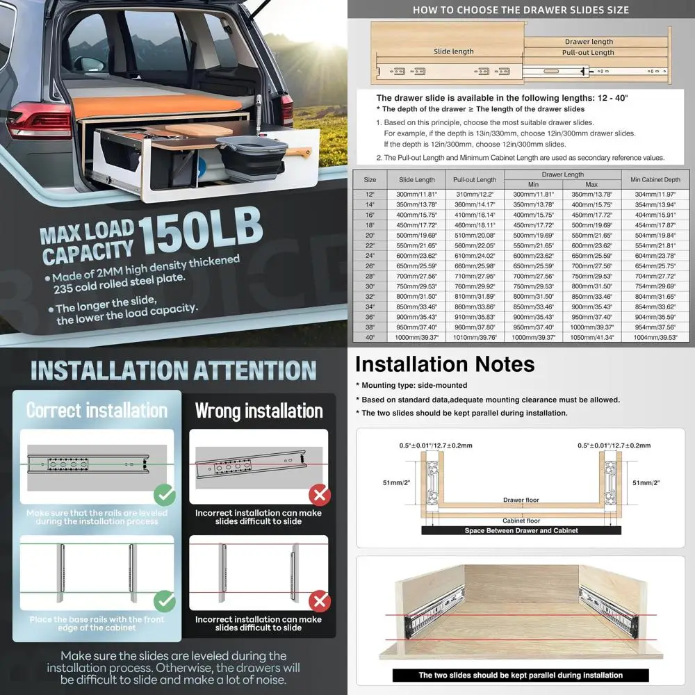 

Heavy Duty Slides Set, 12-40 Inch, 150 lb Capacity, Side Mount, Ball Bearing, 30 Rail (No Lock)