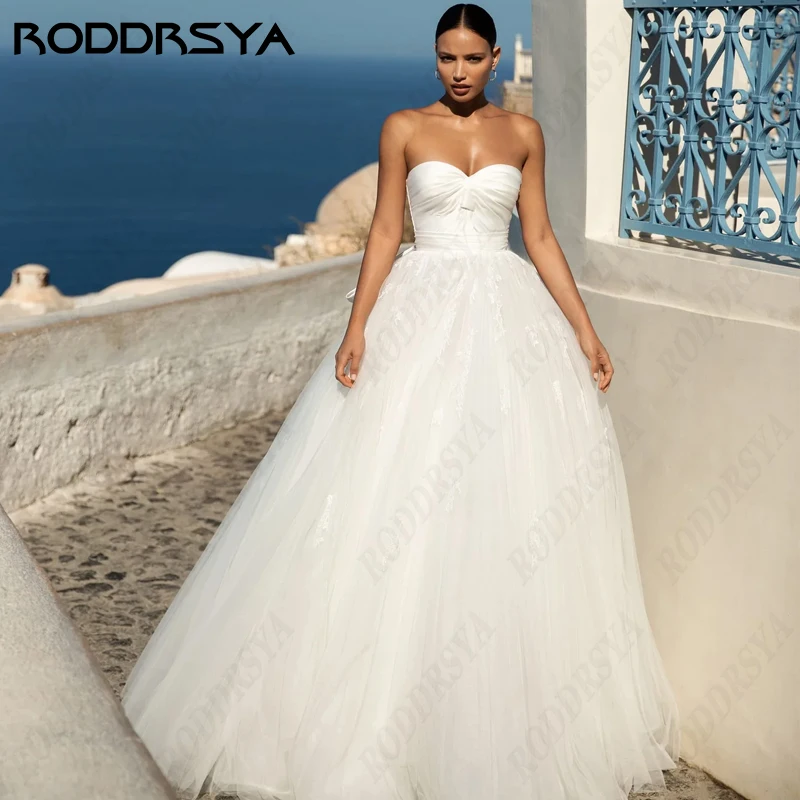 RODDRSYA Simple Strapless Beach Wedding Dress for Bride A-line Sleeveless Bridal Gown Appliques Tulle Vestido De Noiva Minimalis