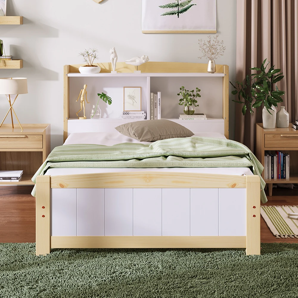 KOMHTOM Letto singolo in pino massiccio con testiera portaoggetti e rete a doghe-90x200 cm