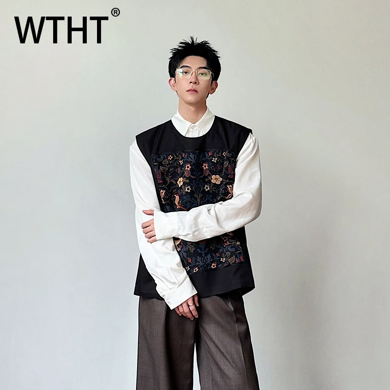 WTHT Fashion Men's Flower Embroidery Design Waistcoat Vintage American Style Sleeveless O-neck Vest Male 2026 Summer 2A2835