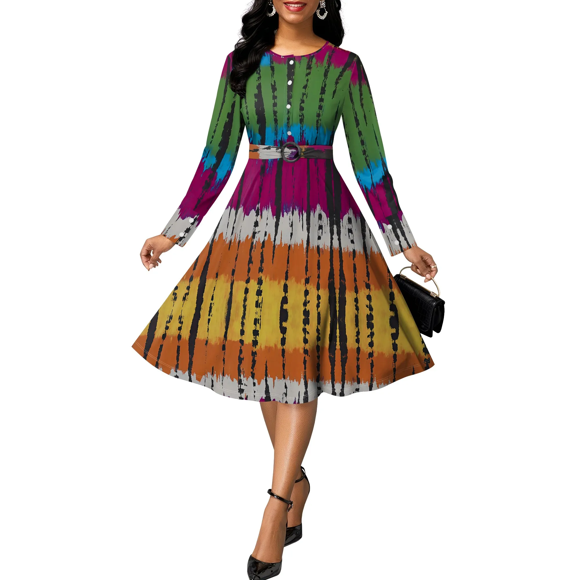 

Colorful Ethnic Style Long Sleeve Dress for Women 2025 Fall Midi A-Line Church Wear with Tribal Print XS-3XL
