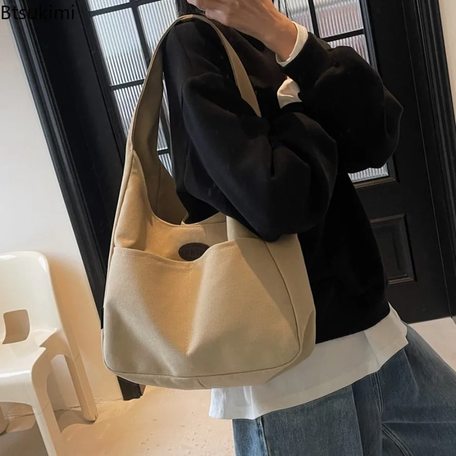 Large Capacity Canvas Hasp Women Shoulder Bags 2026 New Fashion Casual Versatile Solid Color Concise Commuting Commute Tote Bag