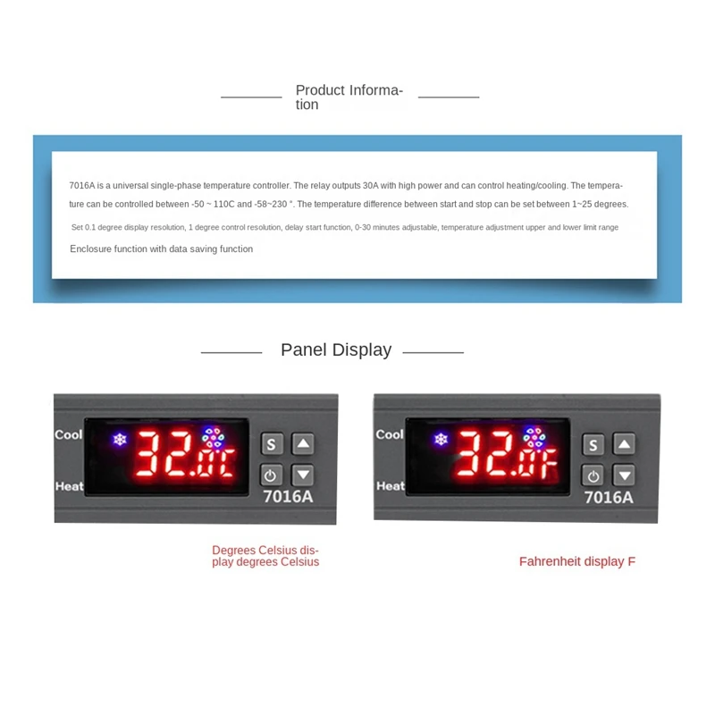 Hot-7016A Digital Temperature Controller 220V 30A With High-Power Temp Control Thermostat Heating Cooling NTC Sensor