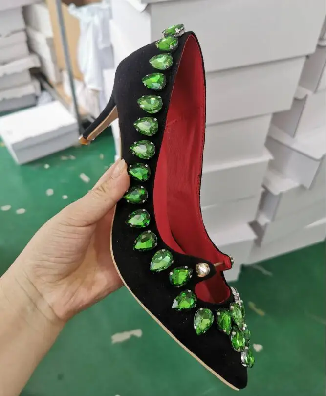 Green Diamond Studs Nail Pin Crossed Low-Cut Pumps Sexy 7.5 cm Kitten Heels Woman Diamond Rhinestone Pointed Toe Banquet Shoes