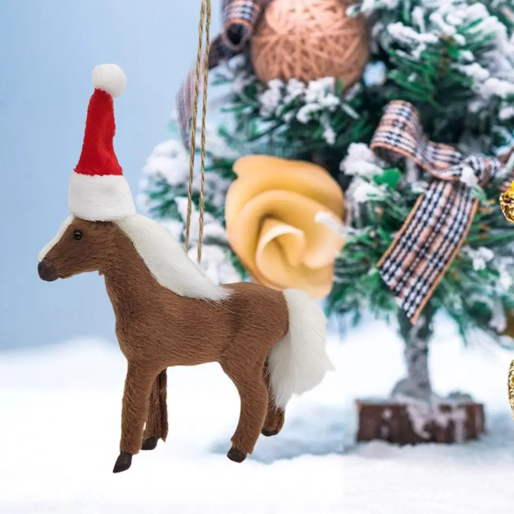 Horse Pendant Lovely Christmas Hat Simulation Animal Model Hanging Ornaments Faux Fur Horse Doll Christmas Tree Pendant Decor