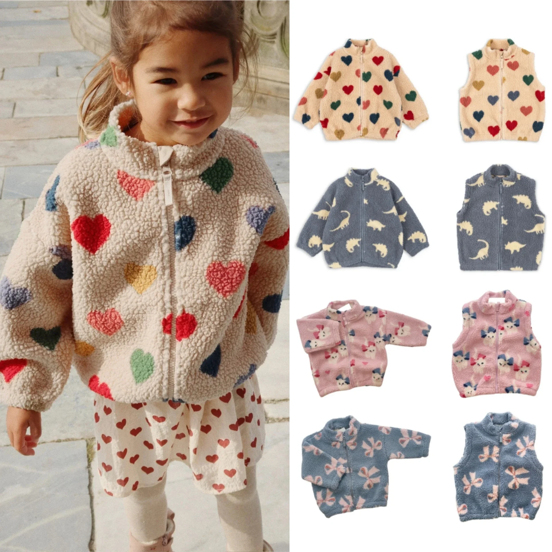 

2025 KS New Winter Baby Girls Kitten Lambswool Jackets Kids Clothes Baby Boys Cartoon Dinosaur Vest Jackets Outerwear Coats 1-9Y