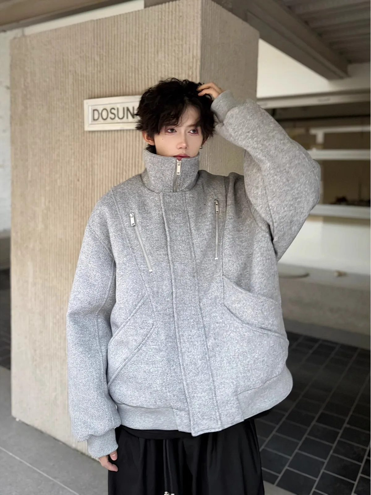 Cleanfit casaco curto de lã e aodão cinza masculino, estilo outono inverno, decoração com zíper, ajuste solto, quente, moda...