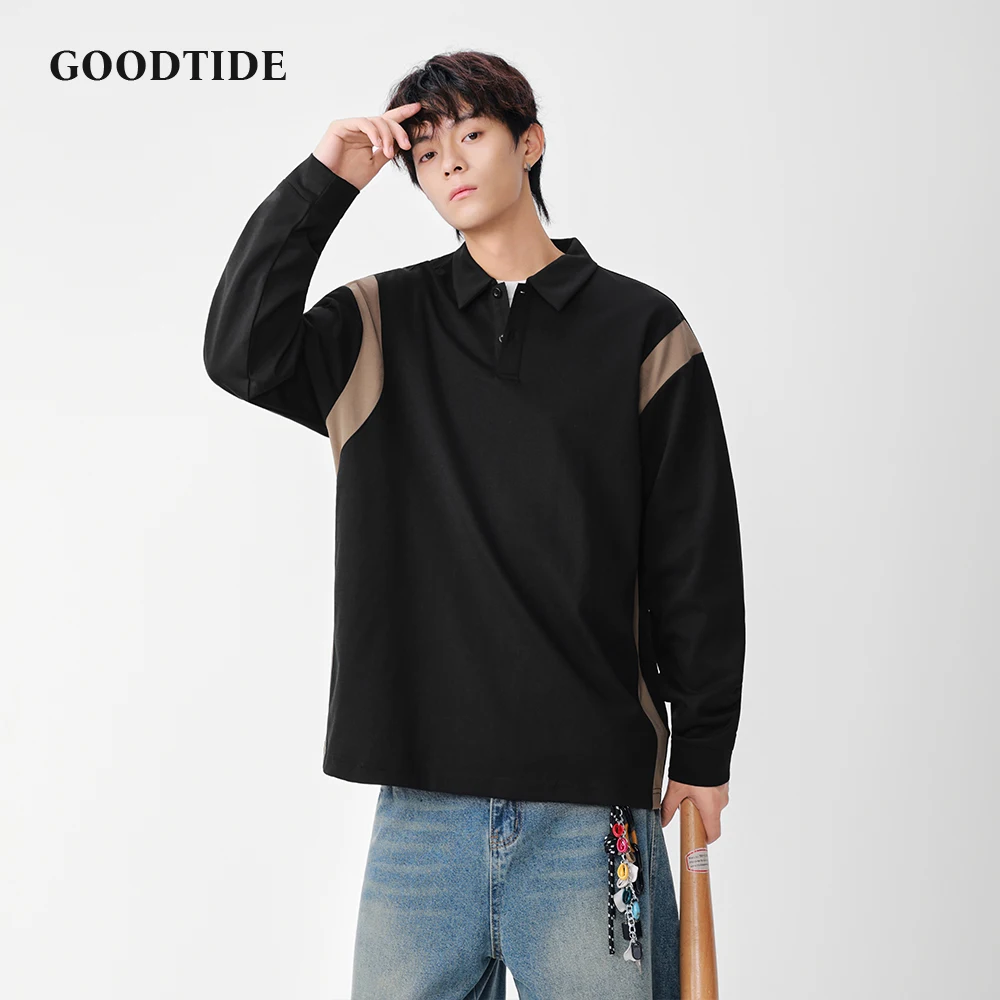 

2025 Новая мужская повседневная рубашка-поло с длинным рукавом, зимняя контрастная рубашка с плечами и свободным кроем, модный мужской пуловер, топ