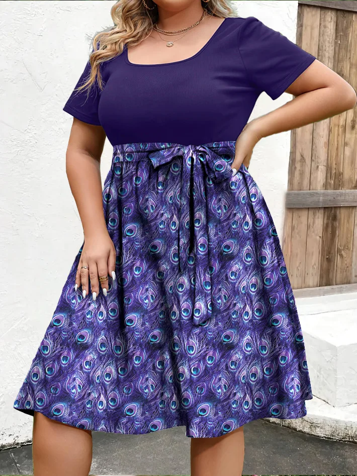 

Women's Plus Size Purple Square Neck Short Sleeve Self Tie Waist Peacock Print Midi Length Summer Casual Dress