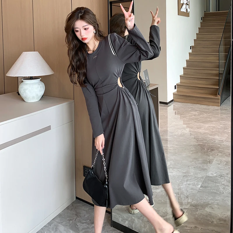 2023 nuovo autunno inverno Vintage Solid Slim donna abiti Midi a maniche lunghe con coulisse in vita scava fuori elegante abito da festa coreano