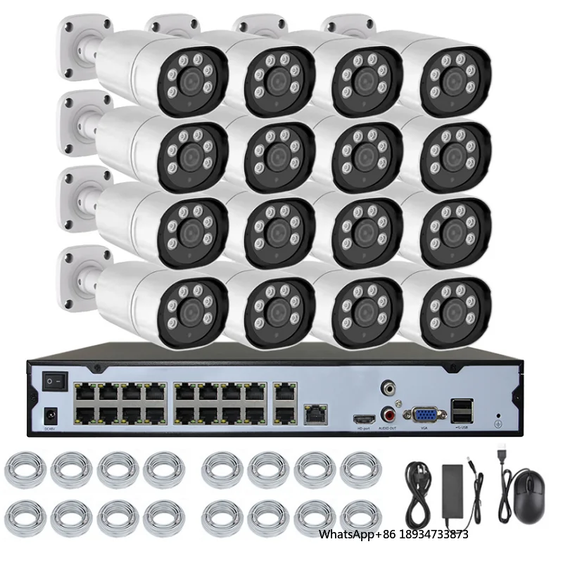 

Цветная 16-канальная система видеонаблюдения Tuya POE NVR Kit с 16 проводными IP-камерами 5 Мп и записью звука для наружного использования