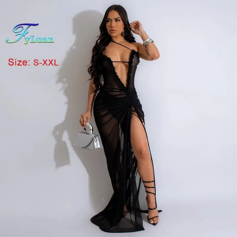 2025 Nieuwe Vrouwen Sexy Avondjurk Effen Kleur Diepe V-hals Zoom Split Lange Jurk Mode See-Through Mouwloze Afslanken dame Jurk