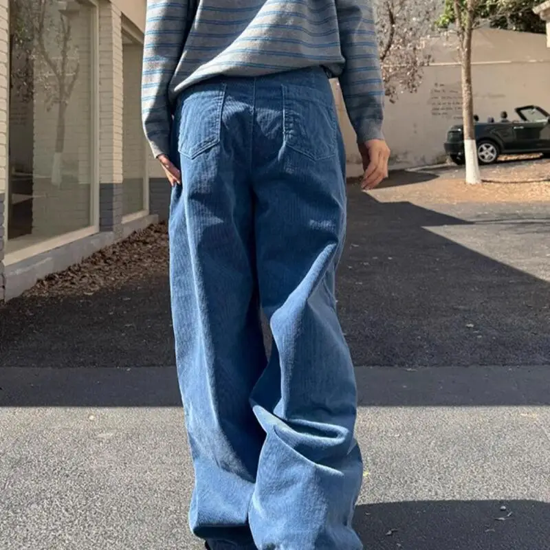 American Retro Corduroy Casual Pants for Autumn Winter Women Adjustable Waist Wide Legs Pleated Pants Girls' Work Pants Versatil