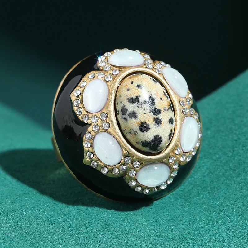 

Black Enamel Ring Vintage Leopard Texture Egg Face Natural Stone Jewelry White Agate Charm Luxury Lady New Trend 2026 Engagement