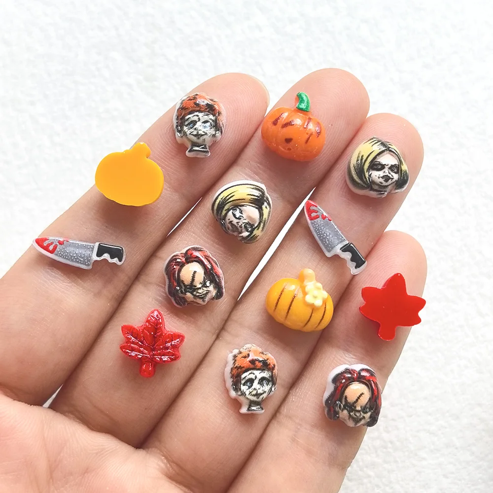 50 Stück 4-14MM Strass-Verzierte Harz-Halloween-Kürbis-Grimassen Nagelkunst-Zubehör Charms für DIY-Maniküre Nageldekoration – Detail 4