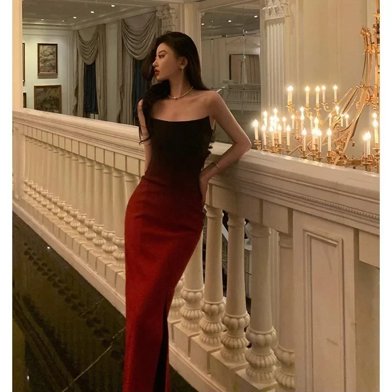 Hot 93 gradient tube top dress female new style niche design temperament slit hip dress long skirt