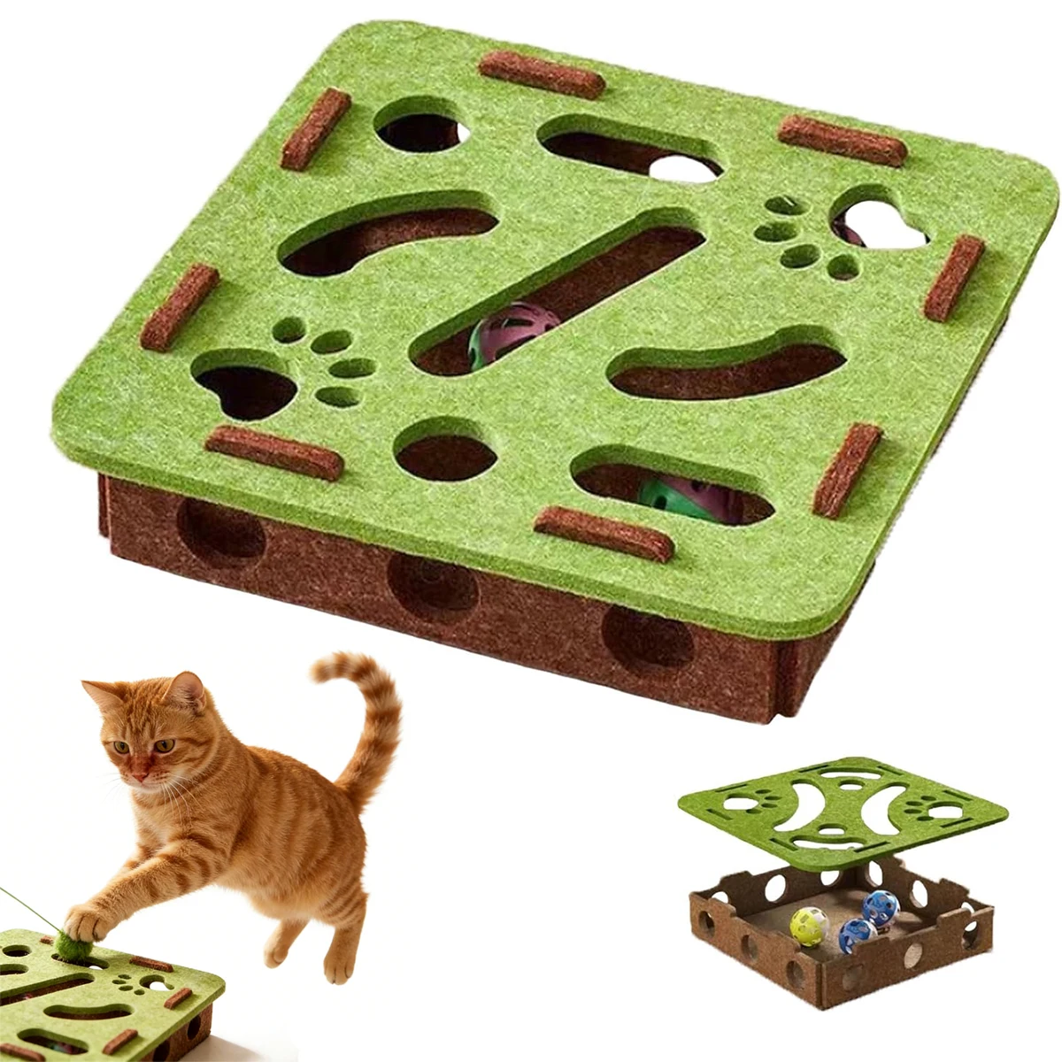 Filz-Katzenlabyrinth – Batteriefreies Spielzeug mit 3 sicheren Glockenbällen für Hauskatzen, fördert das Jagdinstinkt