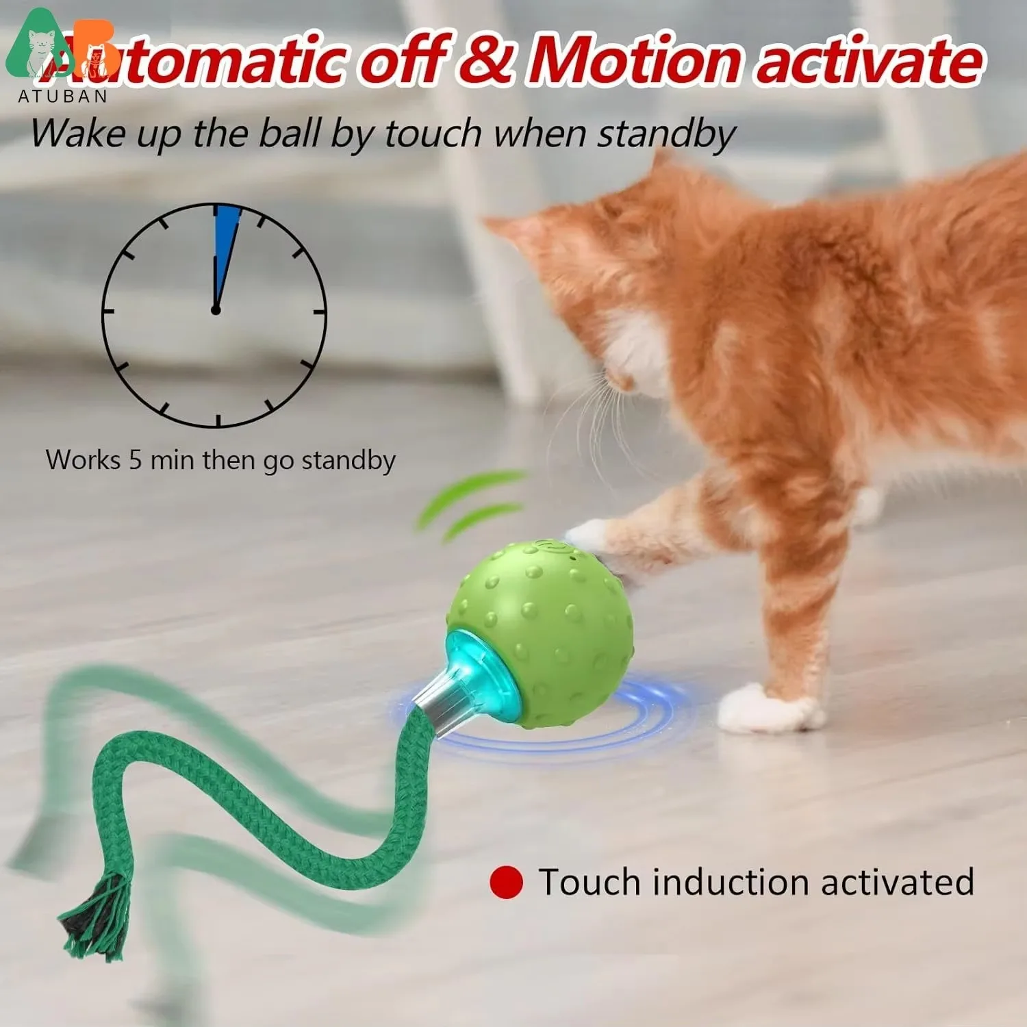 ATUBAN Upgrade Interactive Cat Toys Ball,Motion Activated Electric Rolling Ball Toys for Cats/Kitty, Pets Smart Automatic Teaser