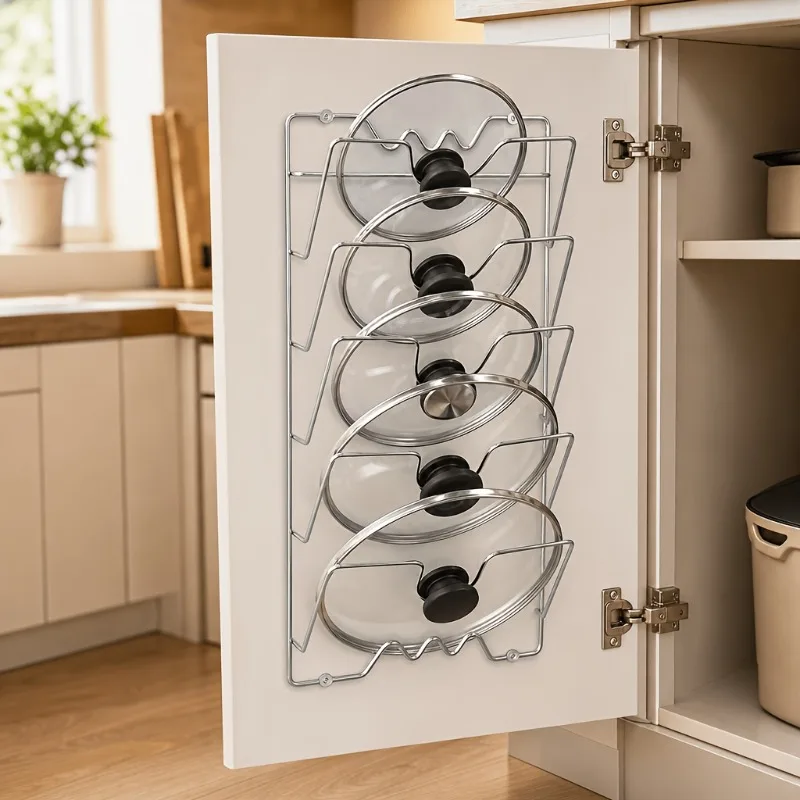 1 PCS Large-Sized Wall Mounted Pot Lid Storage Rack, Stainless Steel Kitchen Shelf, Saves Space, For Pot Lids and Cutting Boards
