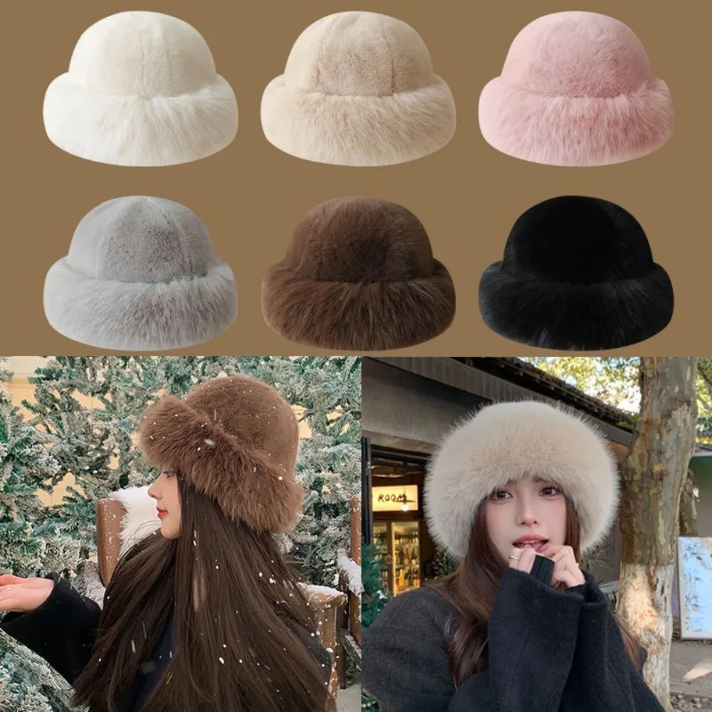 

Fashion Headwear Fluffy Fur Winter Hat Solid Color Plush Fisherman Hat Thicken Cold Windproof Panama Cap for Women Girls
