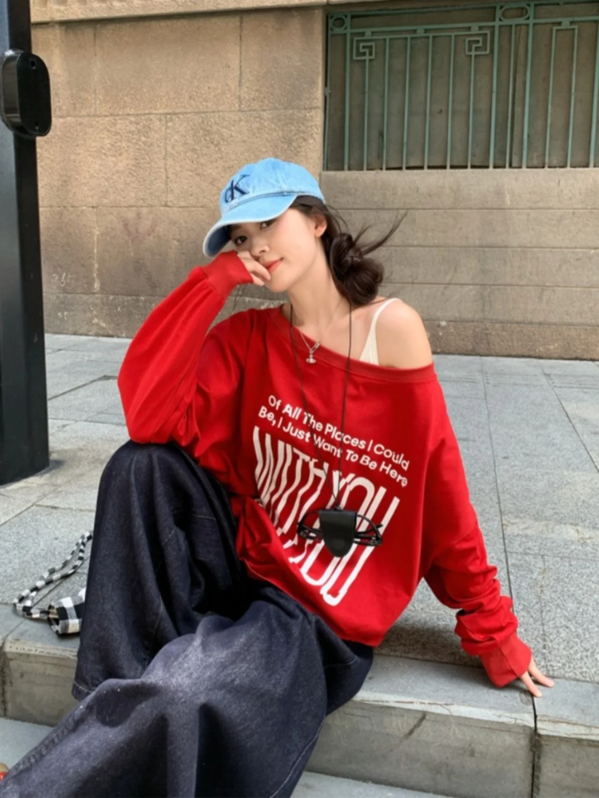 Red Sweatshirt Women Hooded Letter Print Fashion Hip Hop Oversized Leisure Vintage Lazy Wind Winter Long Sleeves Tops Pullover