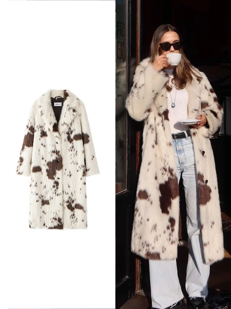 TRAF Women's Fashion Printed Faux Fur Long Coat Autumn and Winter Warm Coat Embellished Leopard Jacket Luxury Coat Fluffy Jacket