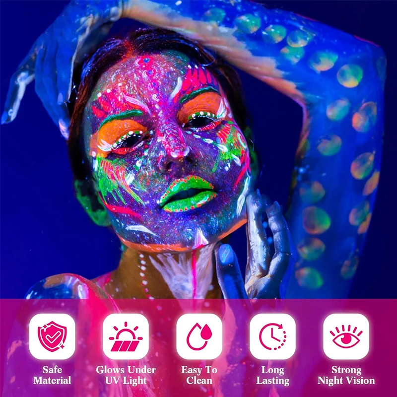 6pcs Set of 4pcs 10ml UV Glow Face & Body Paint,4 Stencil Stickers with Brush,Vibrant Glow Under Light Fluorescent Face Painting