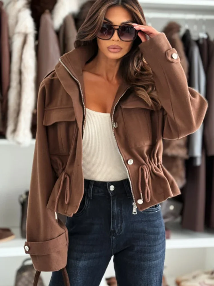Elegant Long Sleeve Zipper Slim Fit Drawstring Women Jackets Winter Casual Loose Office Short Coat New Fashion Autumn Outwear